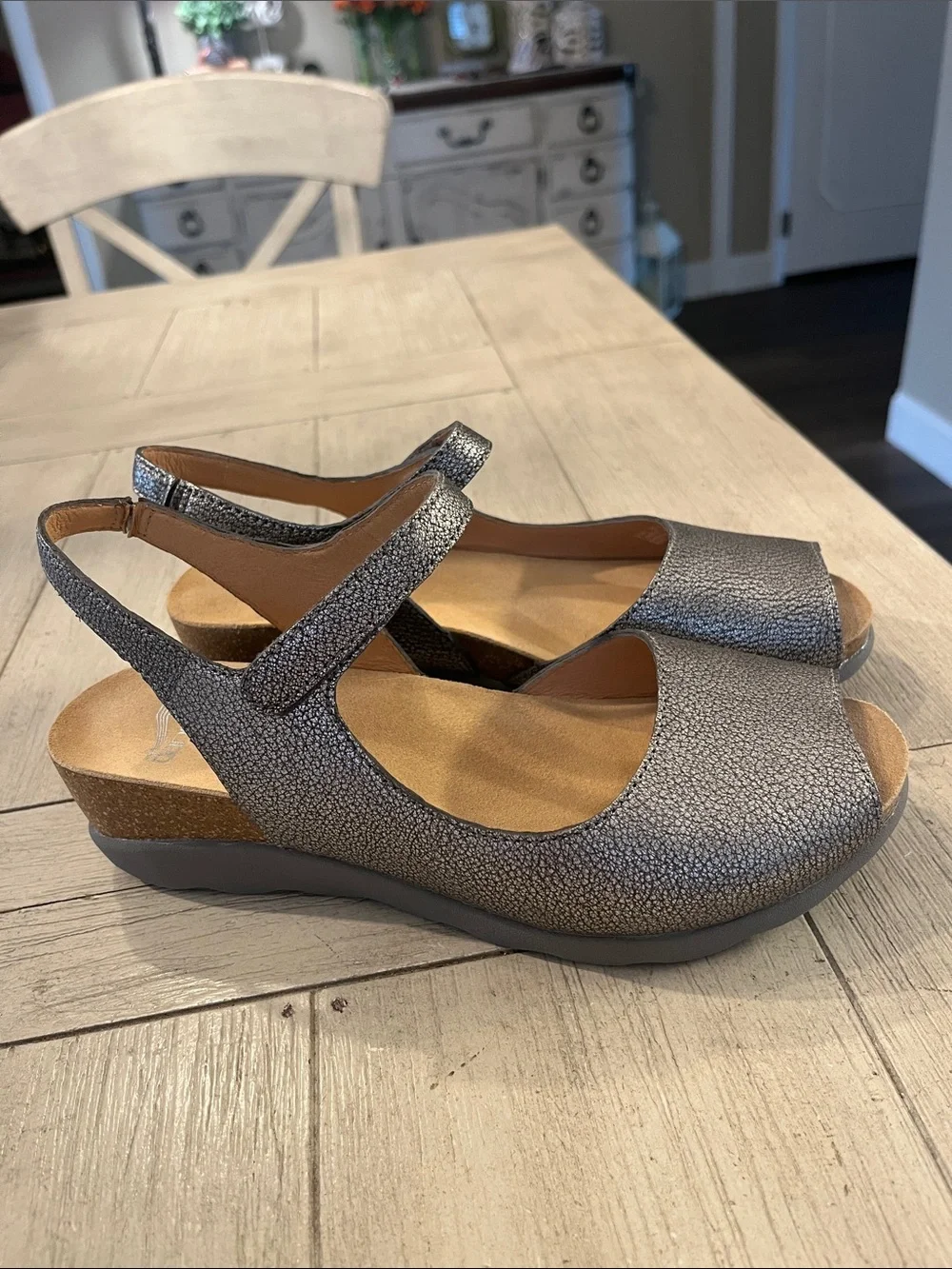 Dansko Metallic Silver Peep-Toe Slingback Wedge Sandals